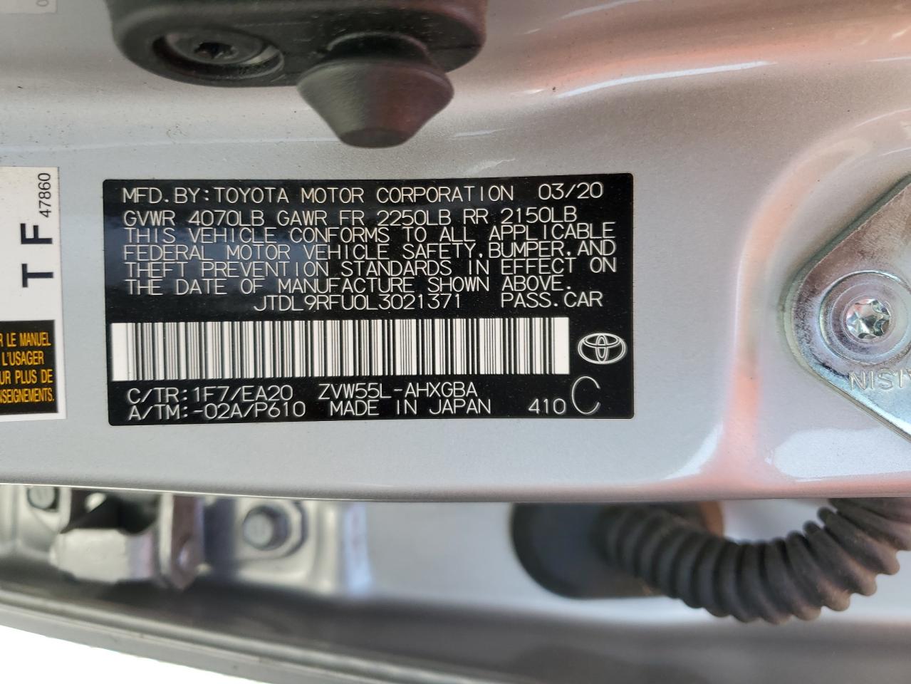 2020 Toyota Prius Le VIN: JTDL9RFU0L3021371 Lot: 64762295