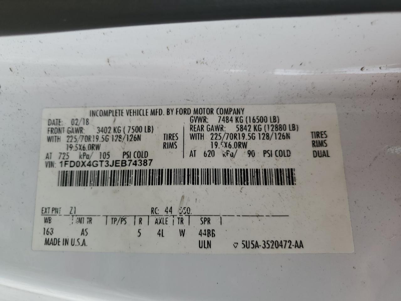 2018 Ford F450 Super Duty VIN: 1FD0X4GT3JEB74387 Lot: 64498805