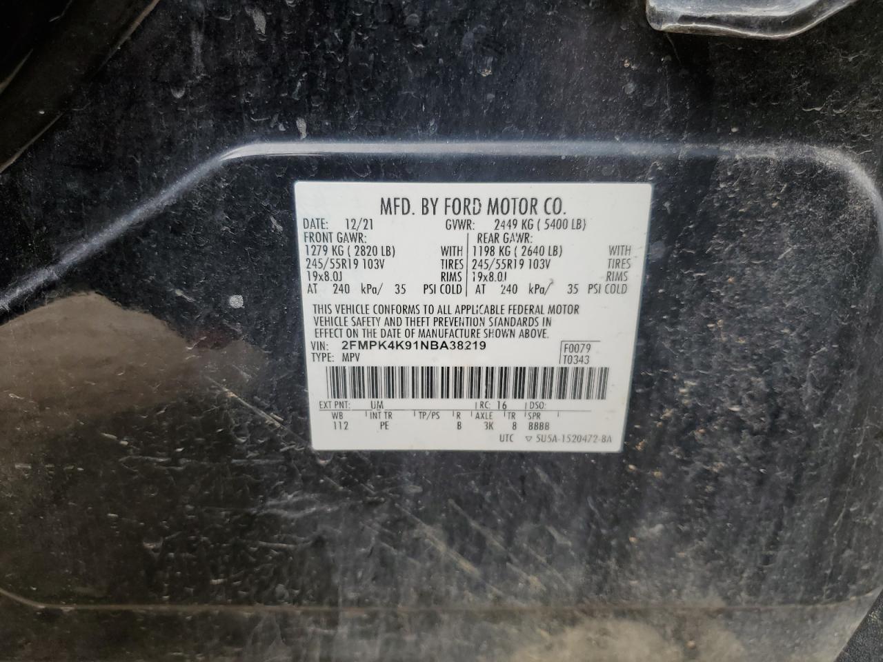 2022 Ford Edge Titanium VIN: 2FMPK4K91NBA38219 Lot: 65622855