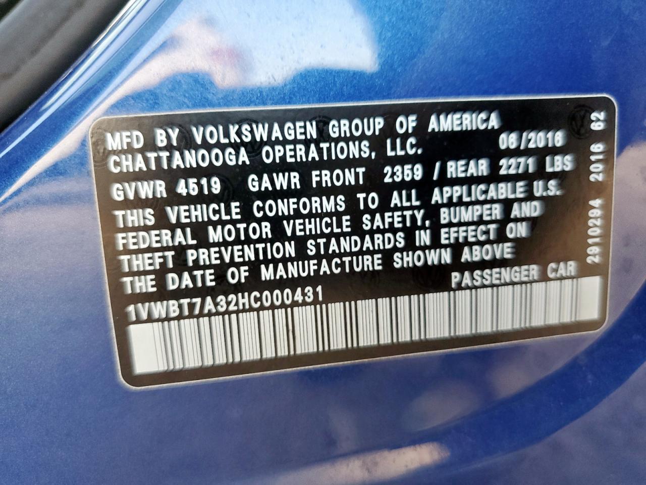 2017 Volkswagen Passat Se VIN: 1VWBT7A32HC000431 Lot: 65785435