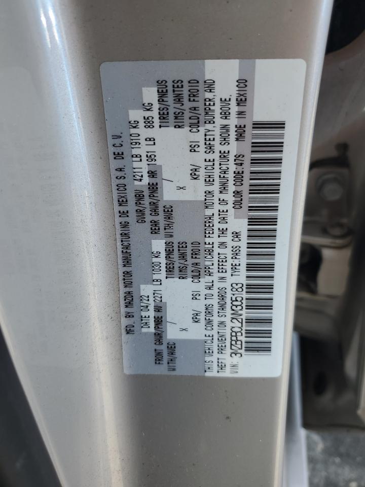 2022 Mazda 3 Preferred VIN: 3MZBPBCL2NM305183 Lot: 64356275