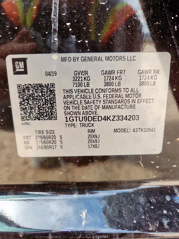 2019 GMC Sierra K1500 Slt VIN: 1GTU9DED4KZ334203 Lot: 64515325