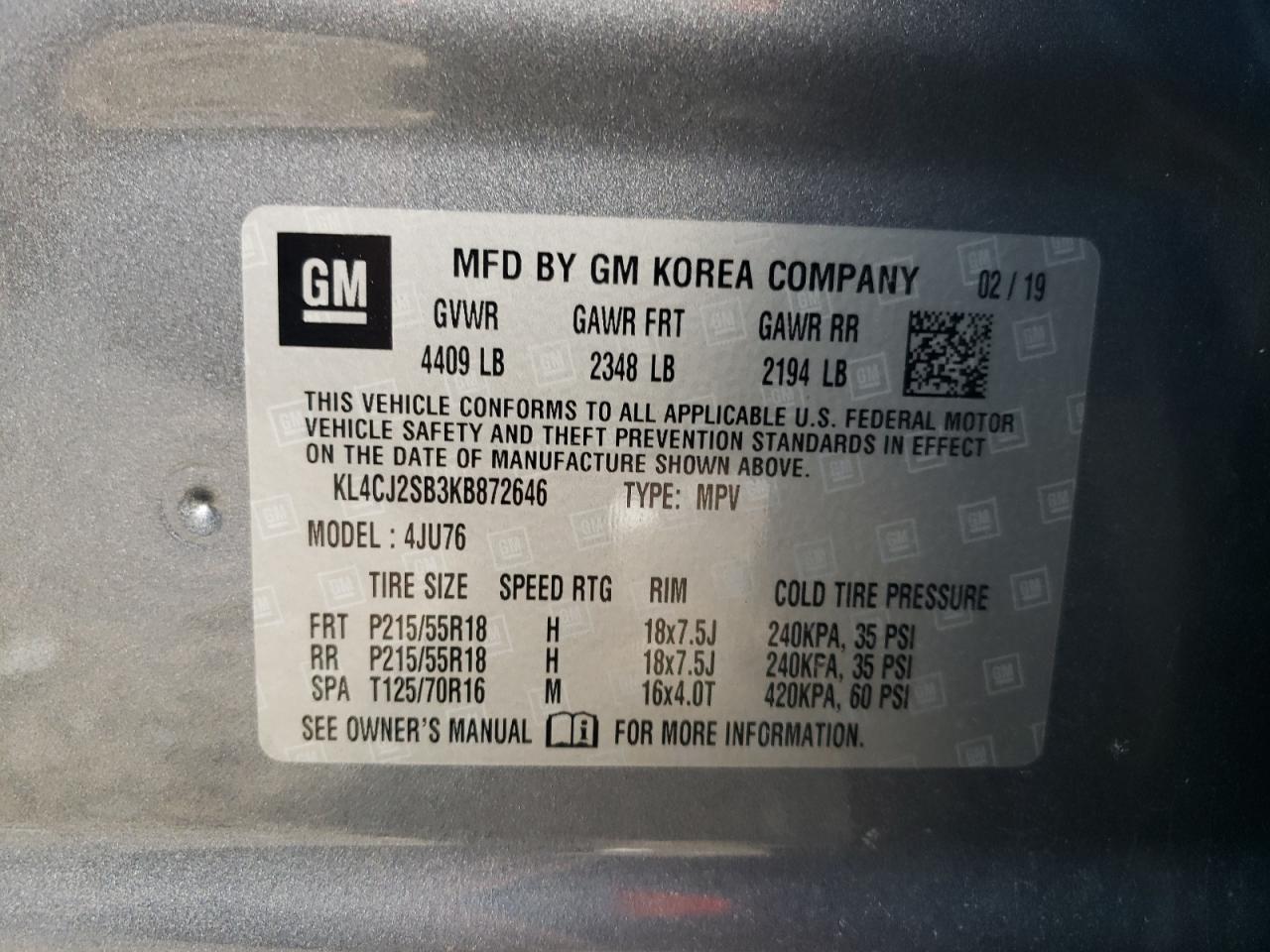2019 Buick Encore Sport Touring VIN: KL4CJ2SB3KB872646 Lot: 64842675