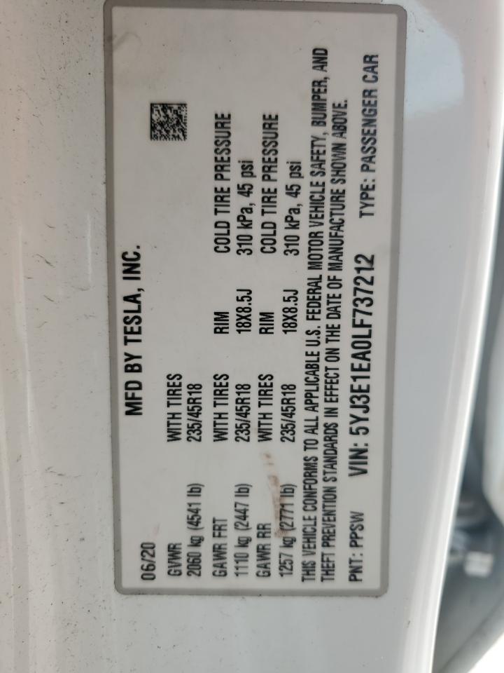 2020 Tesla Model 3 VIN: 5YJ3E1EA0LF737212 Lot: 64430655