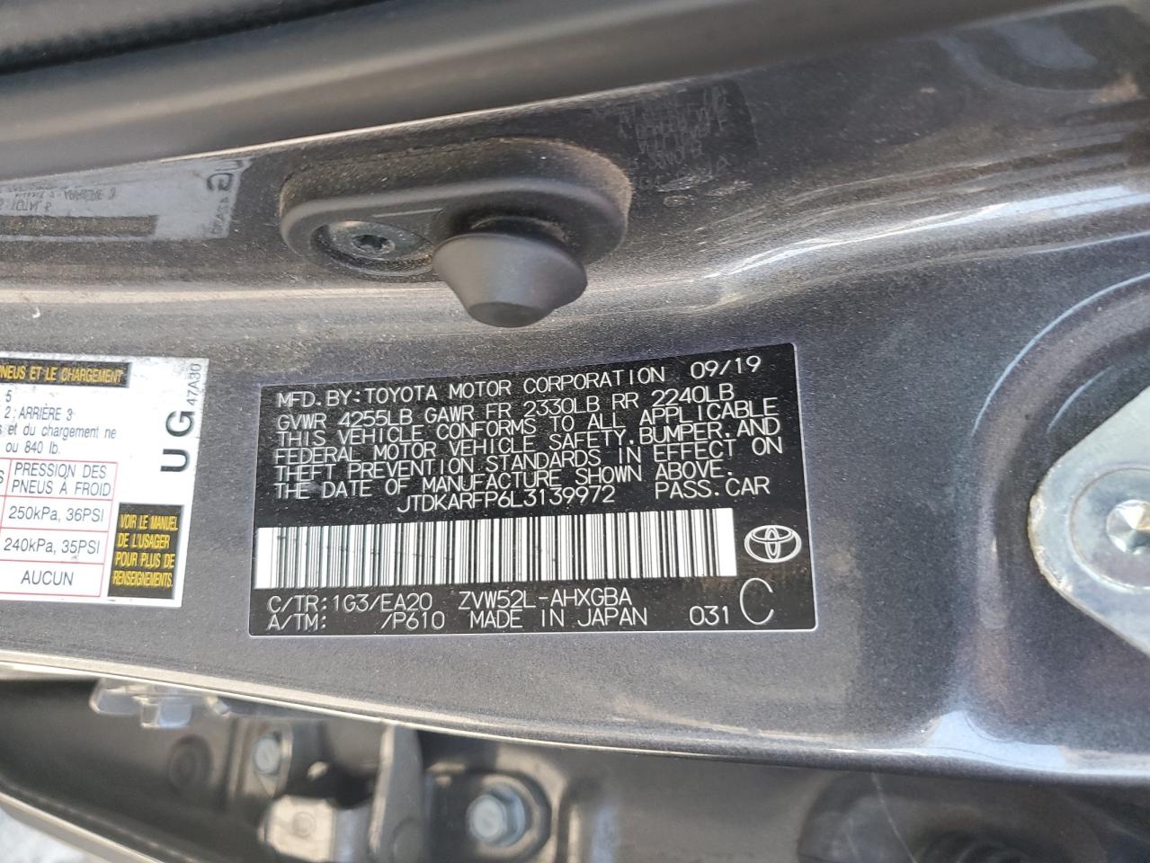 2020 Toyota Prius Prime Le VIN: JTDKARFP6L3139972 Lot: 66313555