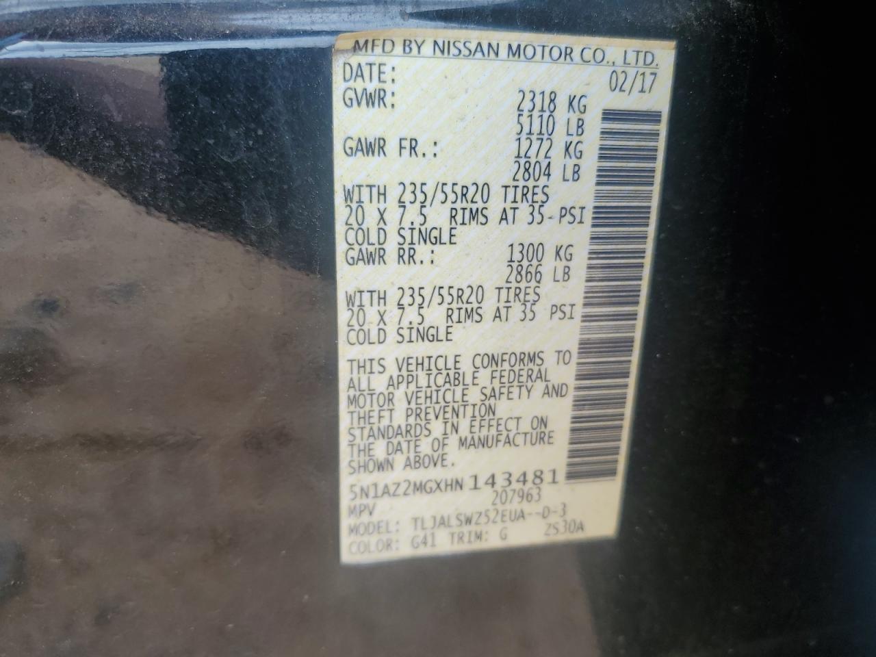 2017 Nissan Murano S VIN: 5N1AZ2MGXHN143481 Lot: 63385335