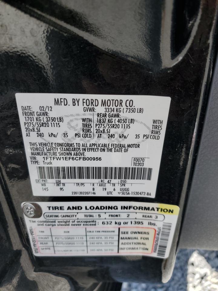 2012 Ford F150 Supercrew VIN: 1FTFW1EF6CFB00956 Lot: 64962935