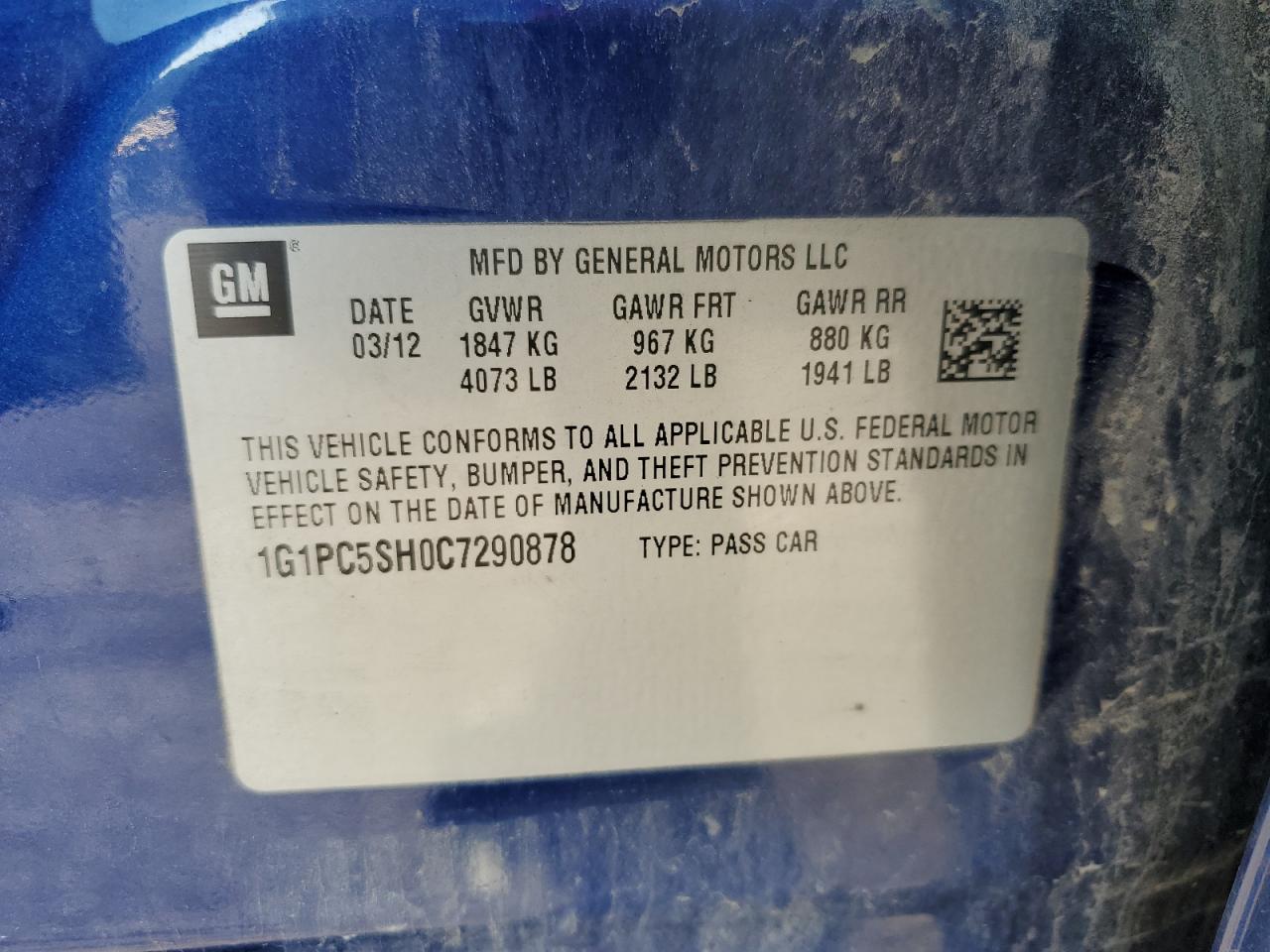 2012 Chevrolet Cruze Ls VIN: 1G1PC5SH0C7290878 Lot: 64956095