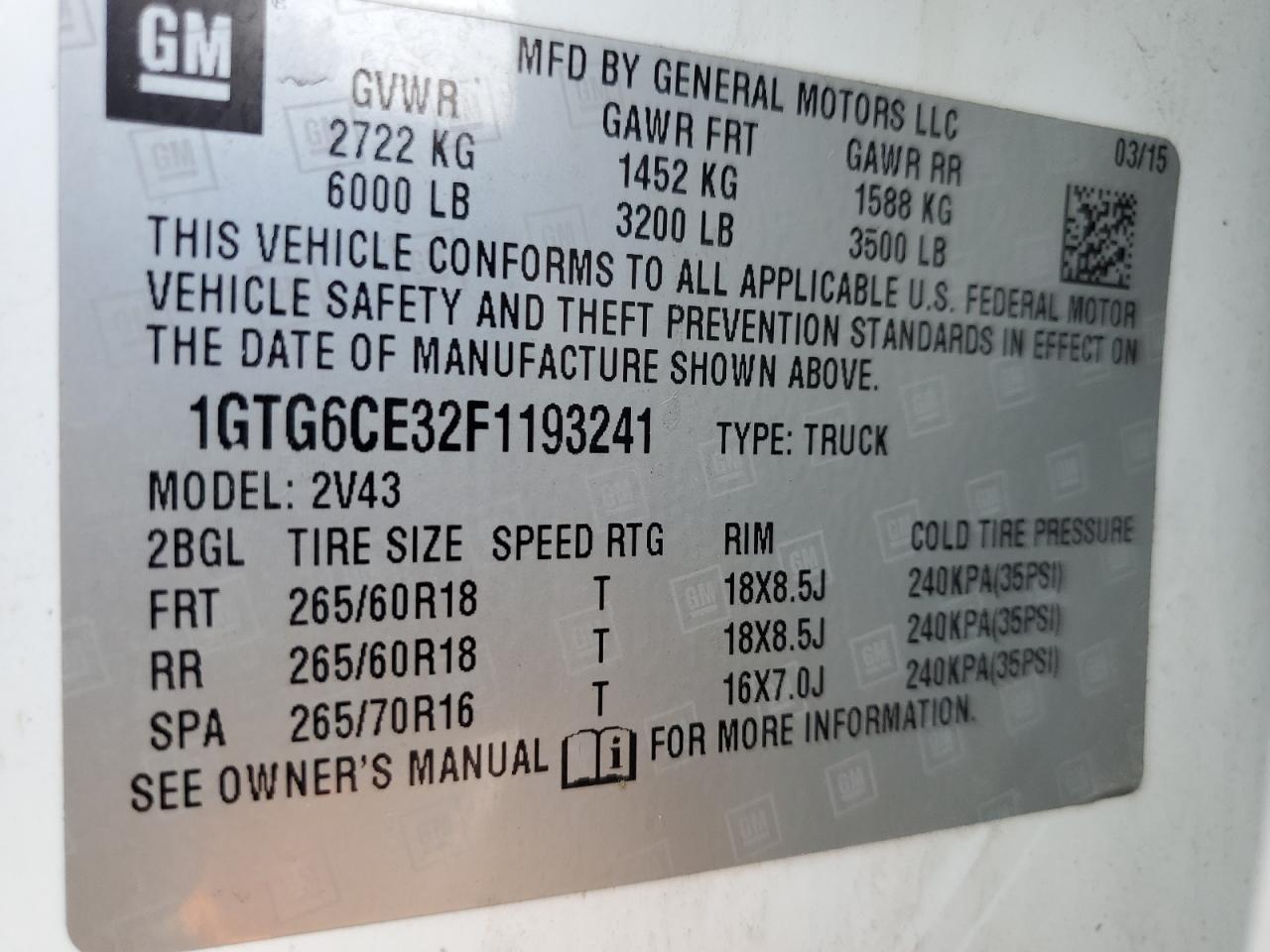 2015 GMC Canyon Slt VIN: 1GTG6CE32F1193241 Lot: 64067945
