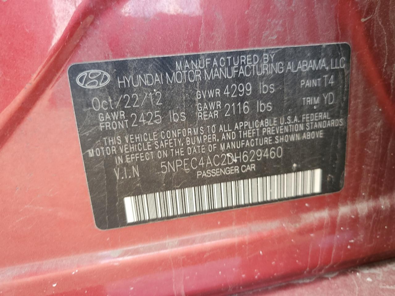 2013 Hyundai Sonata Se VIN: 5NPEC4AC2DH629460 Lot: 64489465