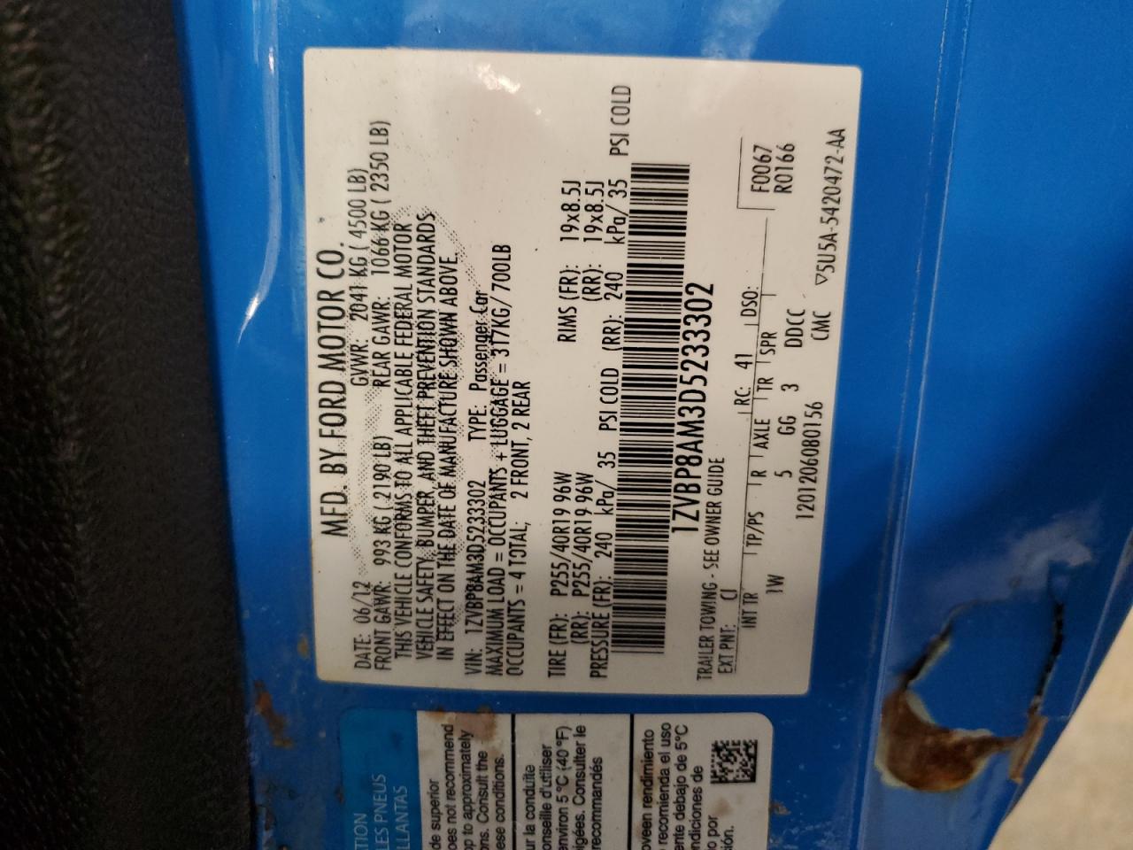 2013 Ford Mustang VIN: 1ZVBP8AM3D5233302 Lot: 66509395