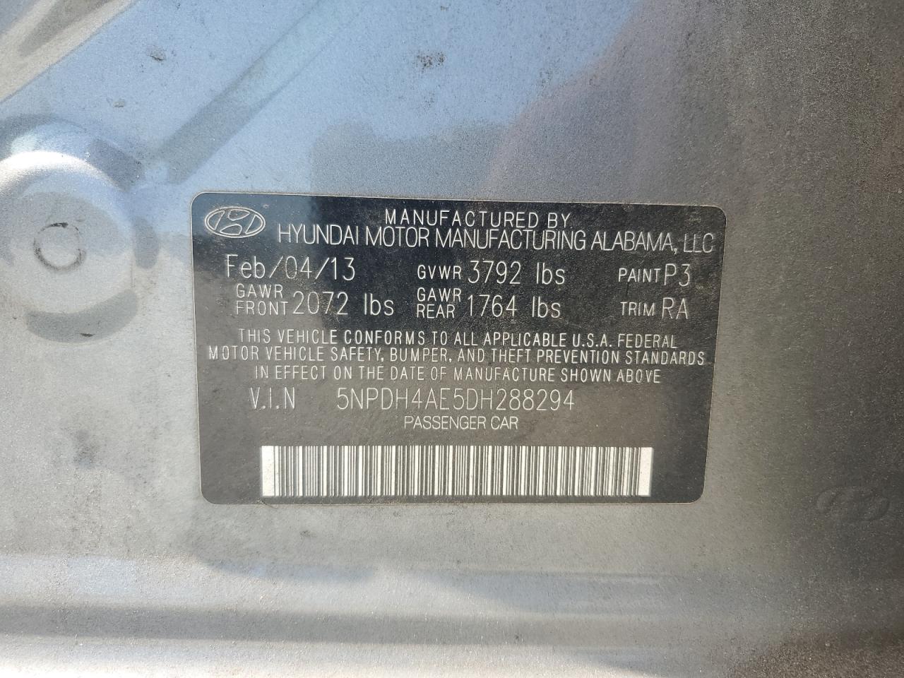 2013 Hyundai Elantra Gls VIN: 5NPDH4AE5DH288294 Lot: 64050255