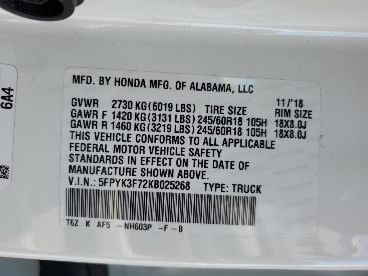 2019 Honda Ridgeline Rtl VIN: 5FPYK3F72KB025268 Lot: 66163685