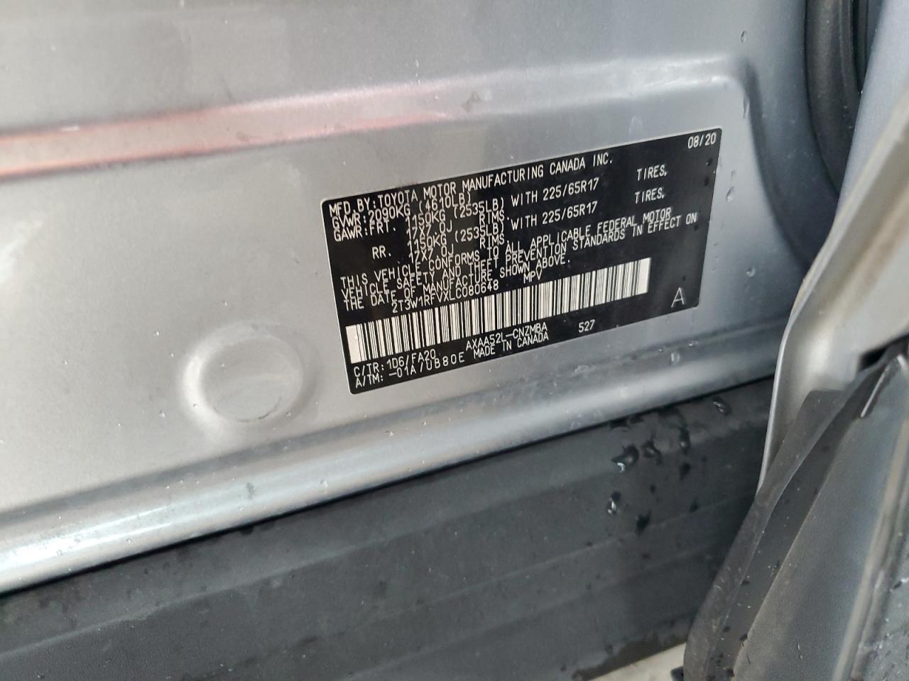 2020 Toyota Rav4 Xle VIN: 2T3W1RFVXLC080648 Lot: 63841955