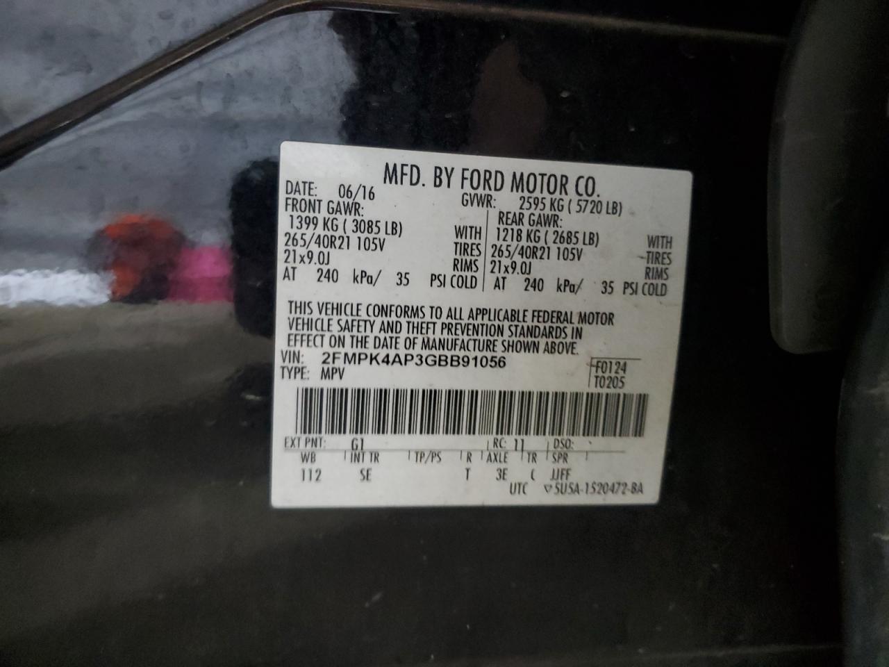 2016 Ford Edge Sport VIN: 2FMPK4AP3GBB91056 Lot: 66008695