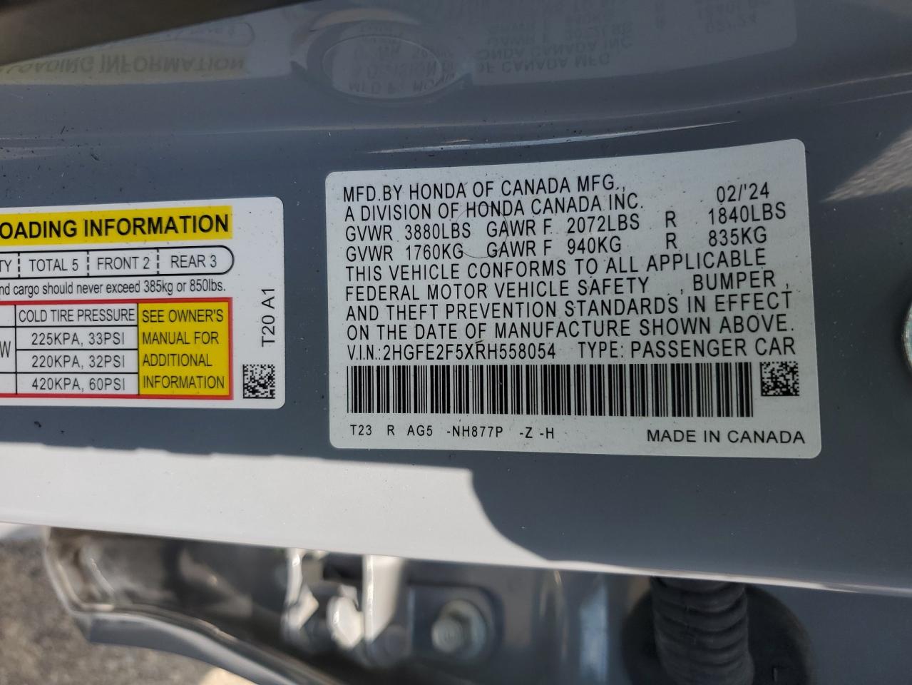 2024 Honda Civic Sport VIN: 2HGFE2F5XRH558054 Lot: 63370825