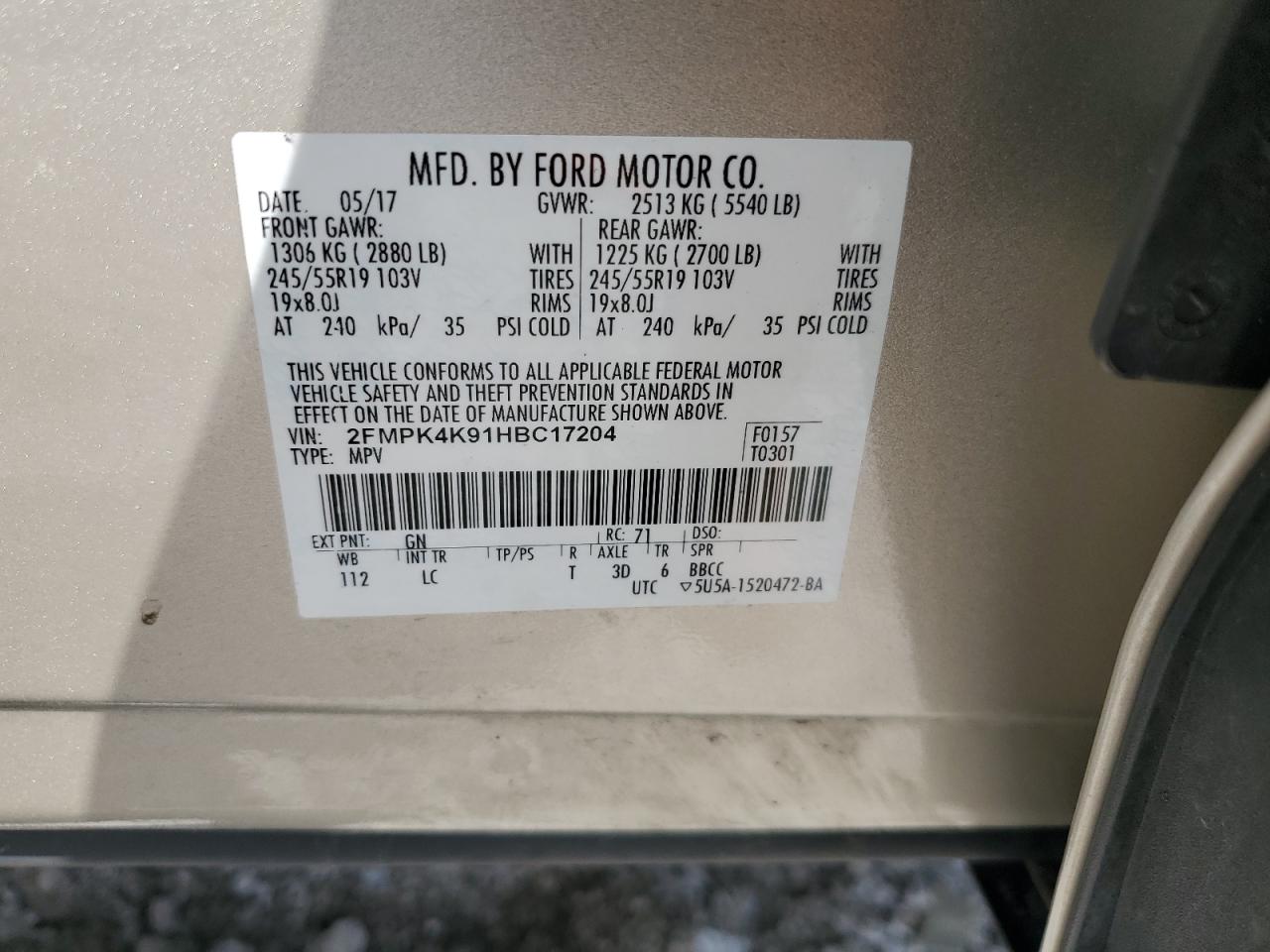 2017 Ford Edge Titanium VIN: 2FMPK4K91HBC17204 Lot: 64630875