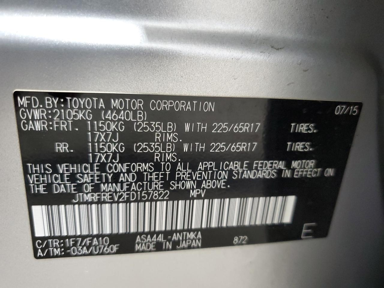 2015 Toyota Rav4 Xle VIN: JTMRFREV2FD157822 Lot: 65447475