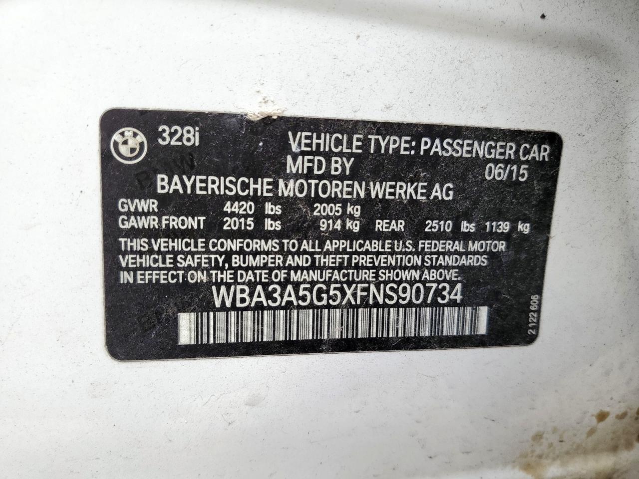 2015 BMW 328 I VIN: WBA3A5G5XFNS90734 Lot: 65254575