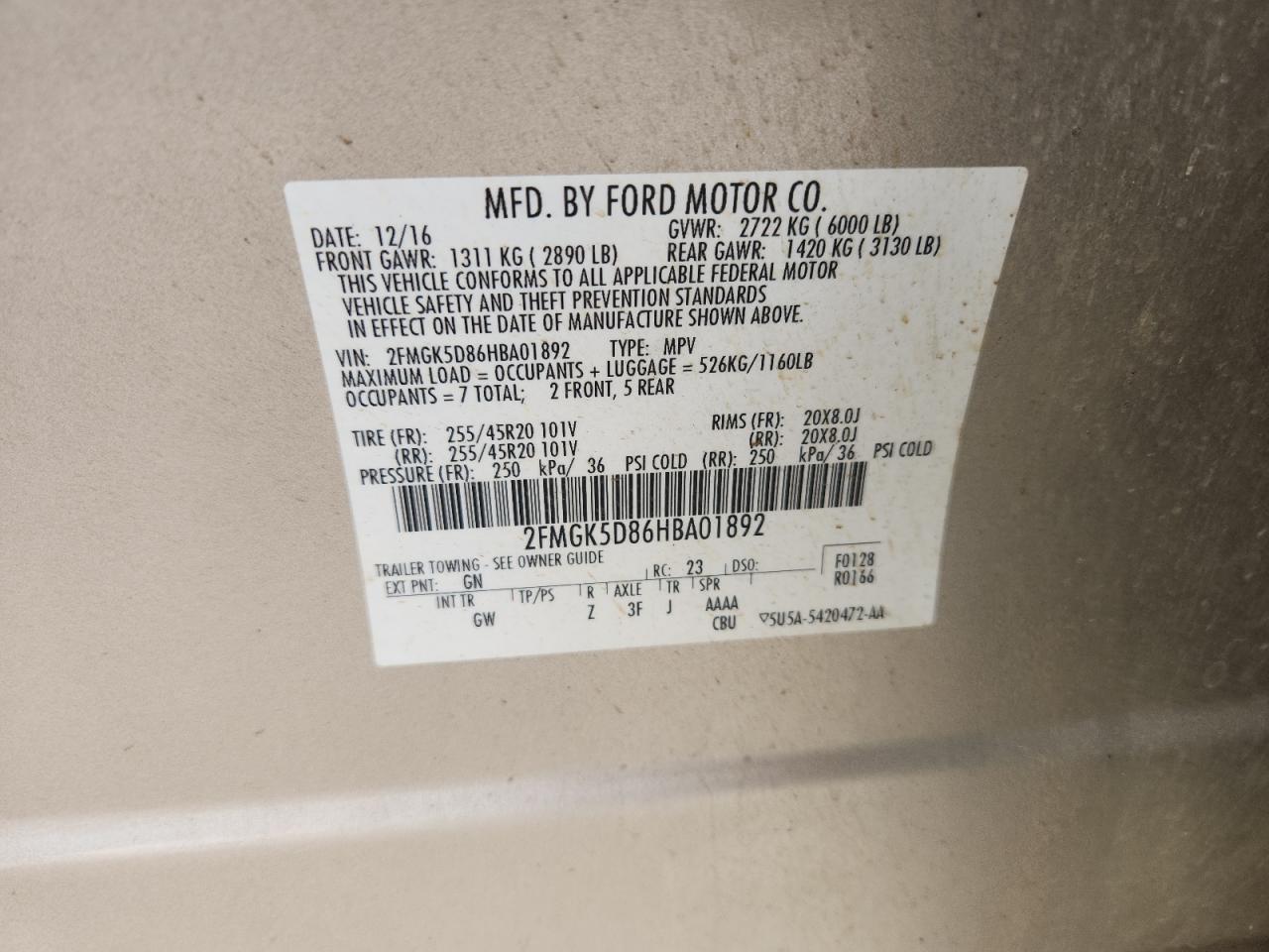 2017 Ford Flex Limited VIN: 2FMGK5D86HBA01892 Lot: 63258895
