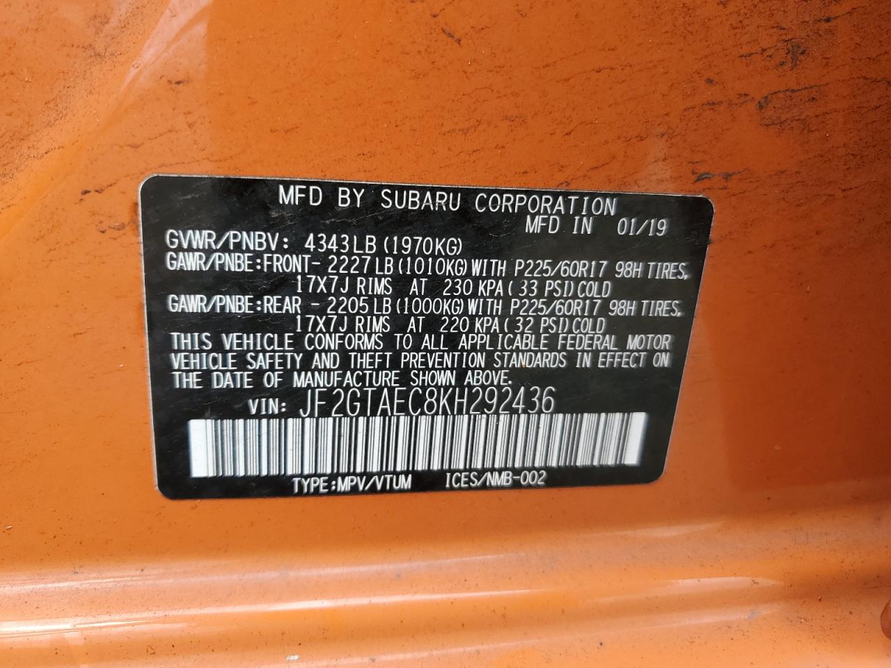 2019 Subaru Crosstrek Premium VIN: JF2GTAEC8KH292436 Lot: 64576175