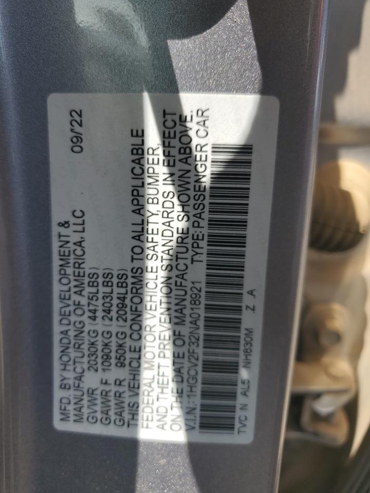 2022 Honda Accord Sport VIN: 1HGCV2F32NA018921 Lot: 65931095