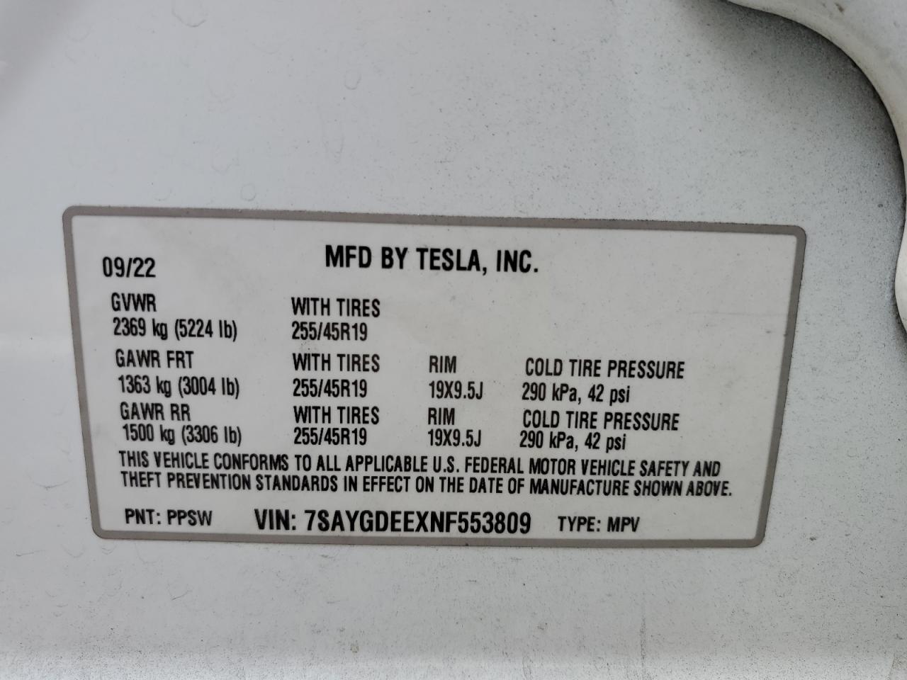 2022 Tesla Model Y VIN: 7SAYGDEEXNF553809 Lot: 65374385