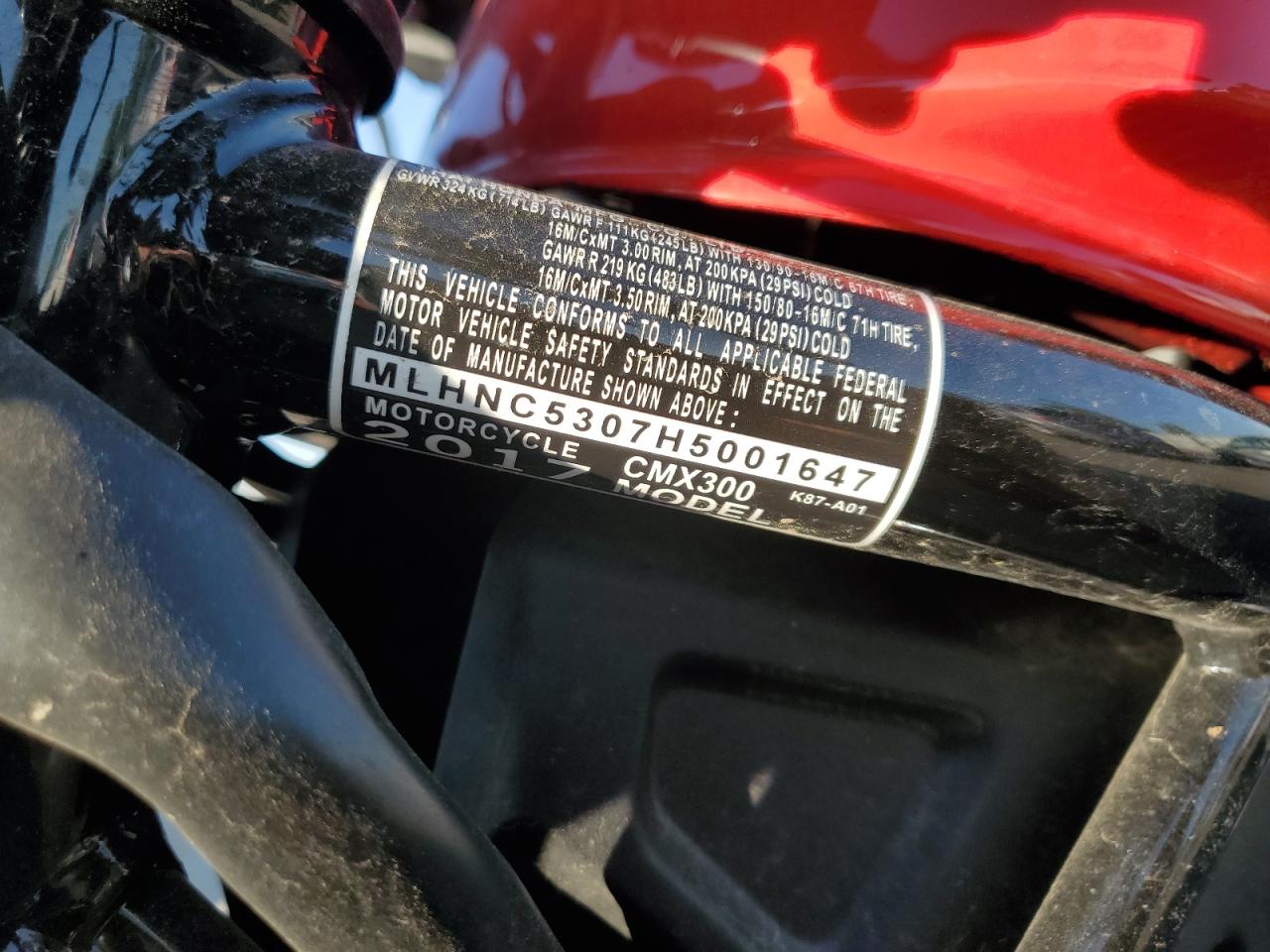2017 Honda Cmx300 VIN: MLHNC5307H5001647 Lot: 63039135