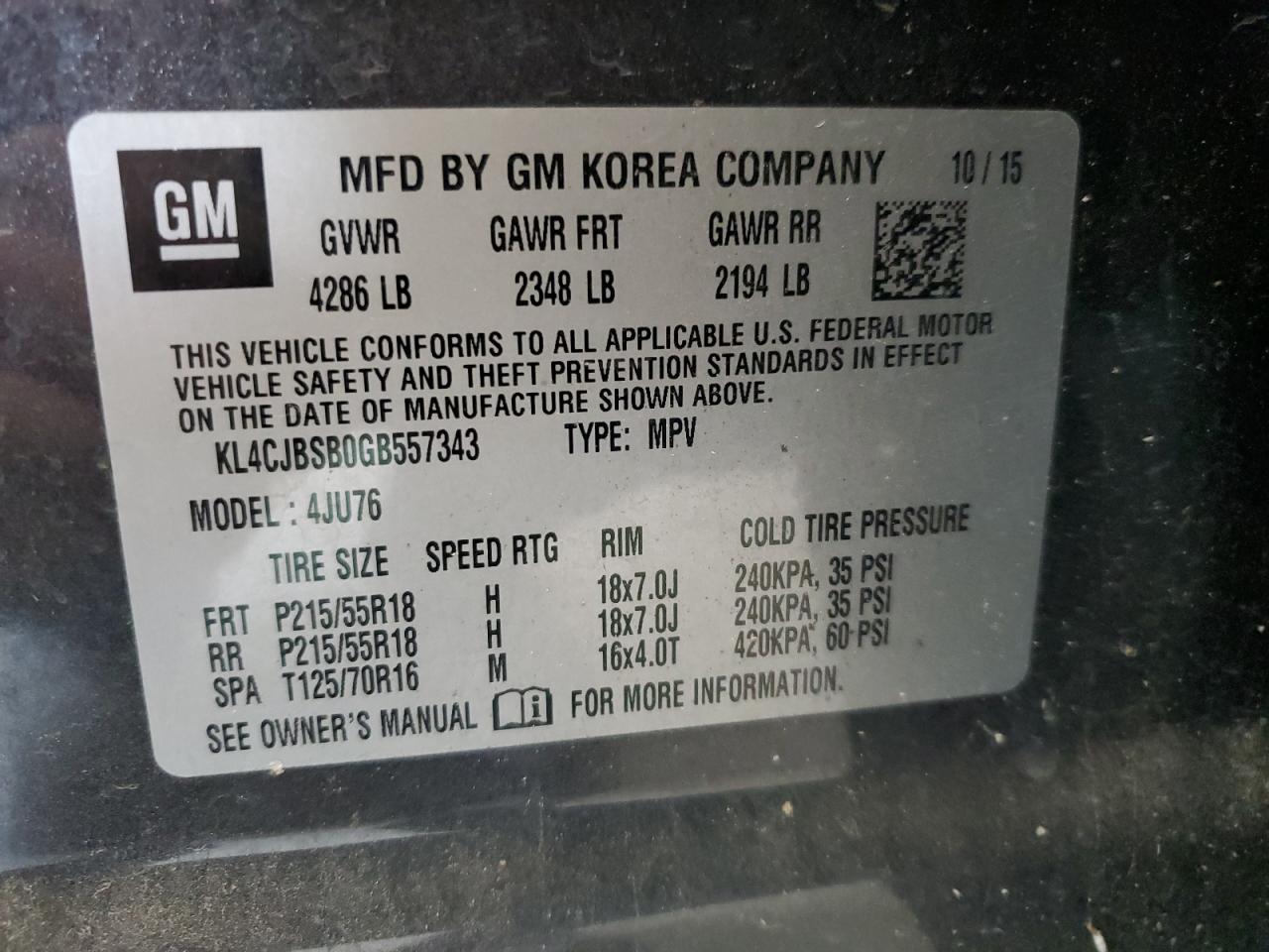 2016 Buick Encore Convenience VIN: KL4CJBSB0GB557343 Lot: 63838025