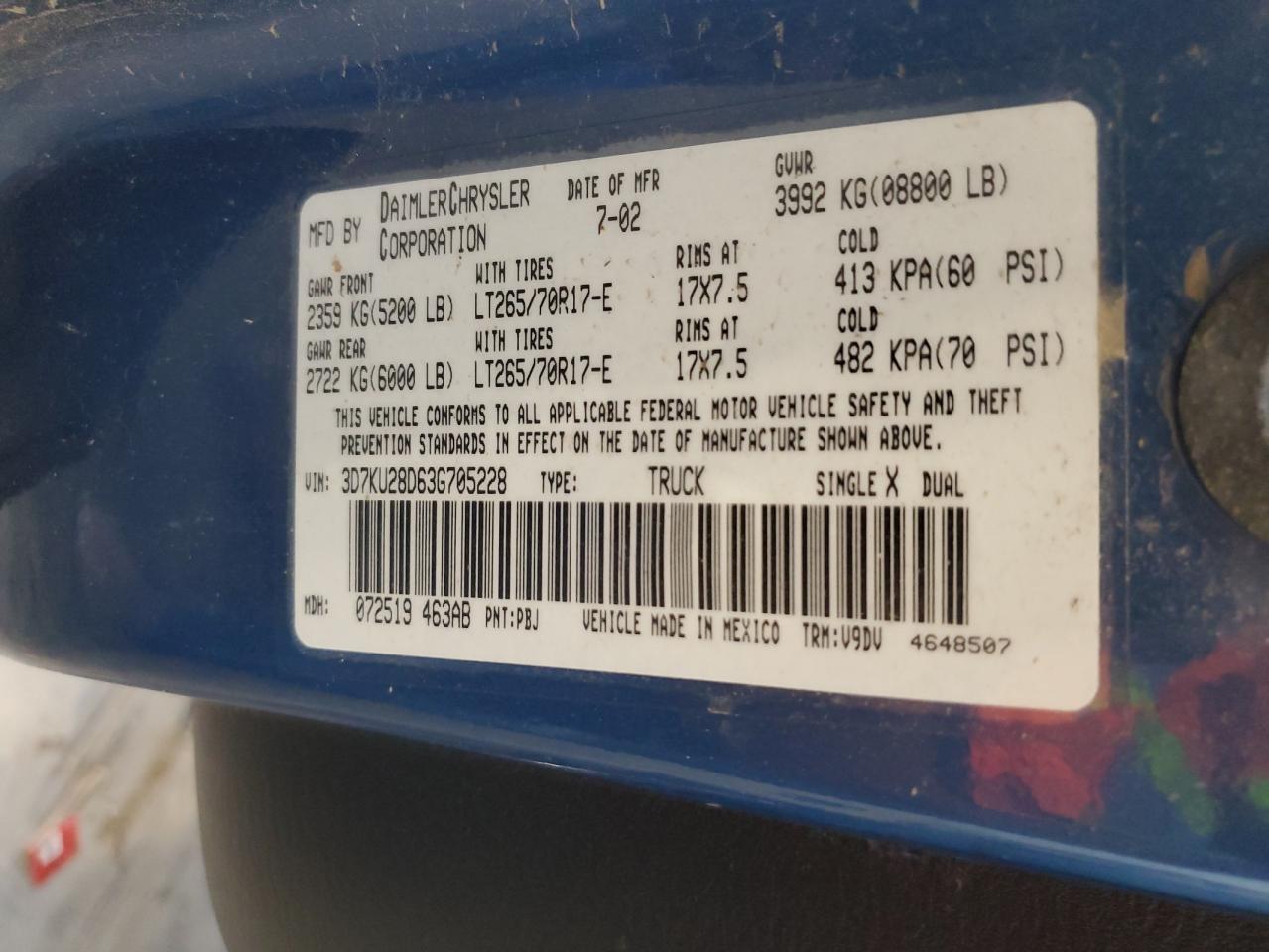 2003 Dodge Ram 2500 St VIN: 3D7KU28D63G705228 Lot: 63119195