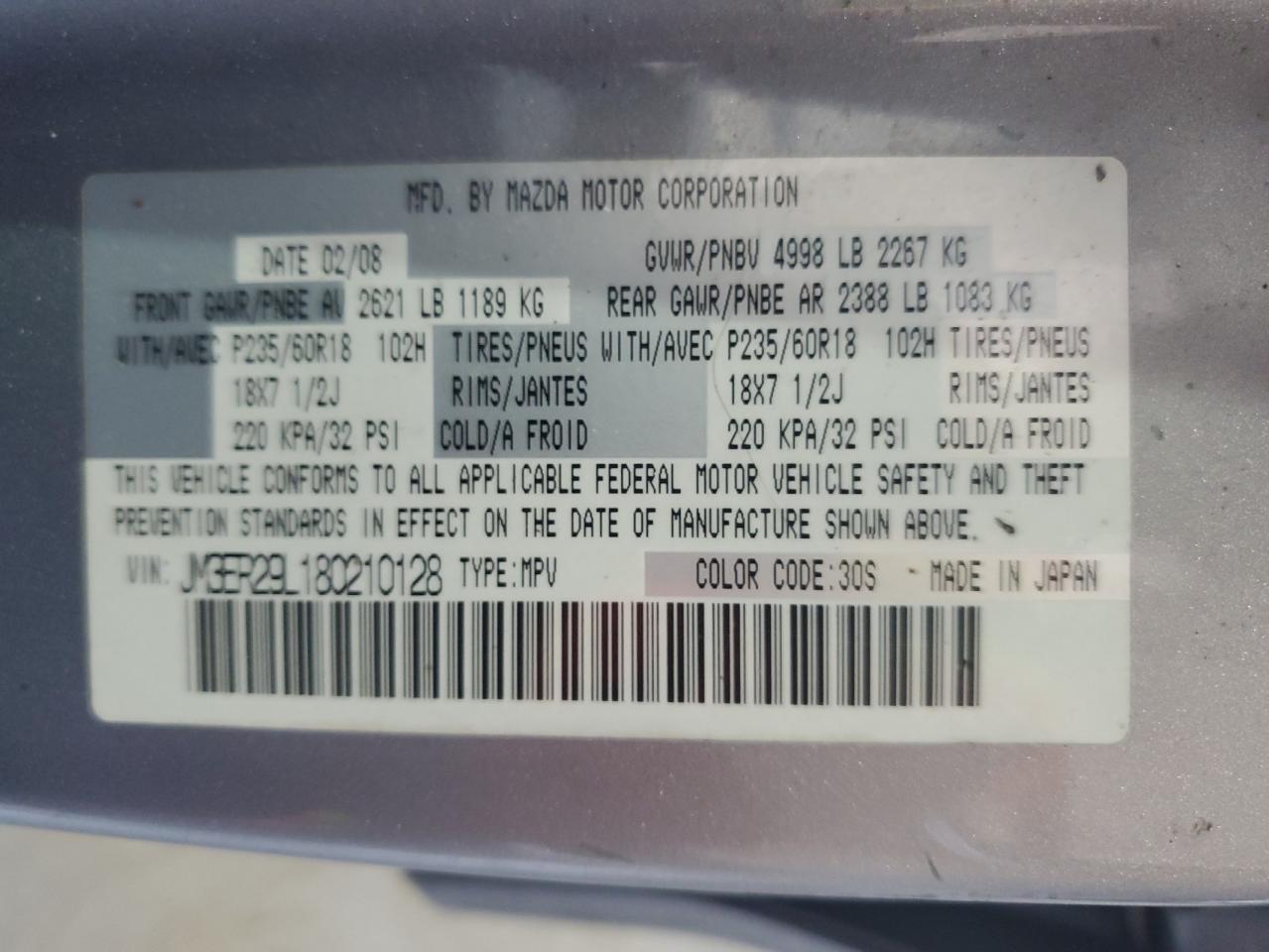 2008 Mazda Cx-7 VIN: JM3ER29L180210128 Lot: 64845205