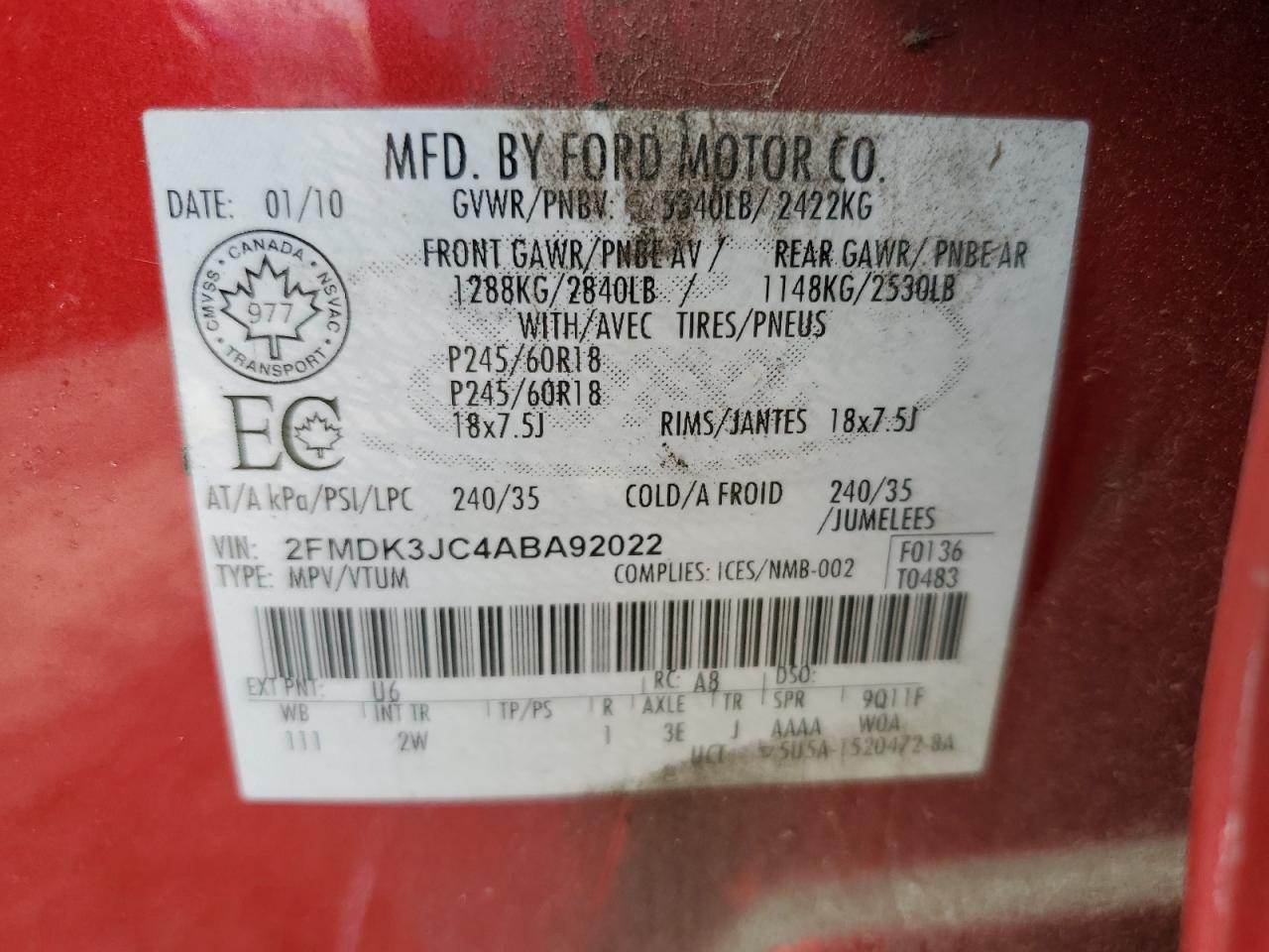 2010 Ford Edge Sel VIN: 2FMDK3JC4ABA92022 Lot: 64679235