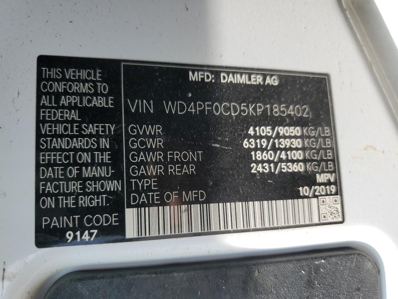 2019 Mercedes-Benz Sprinter 2500/3500 VIN: WD4PF0CD5KP185402 Lot: 62348015