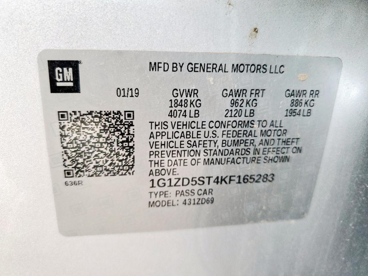 2019 Chevrolet Malibu Lt VIN: 1G1ZD5ST4KF165283 Lot: 64959375