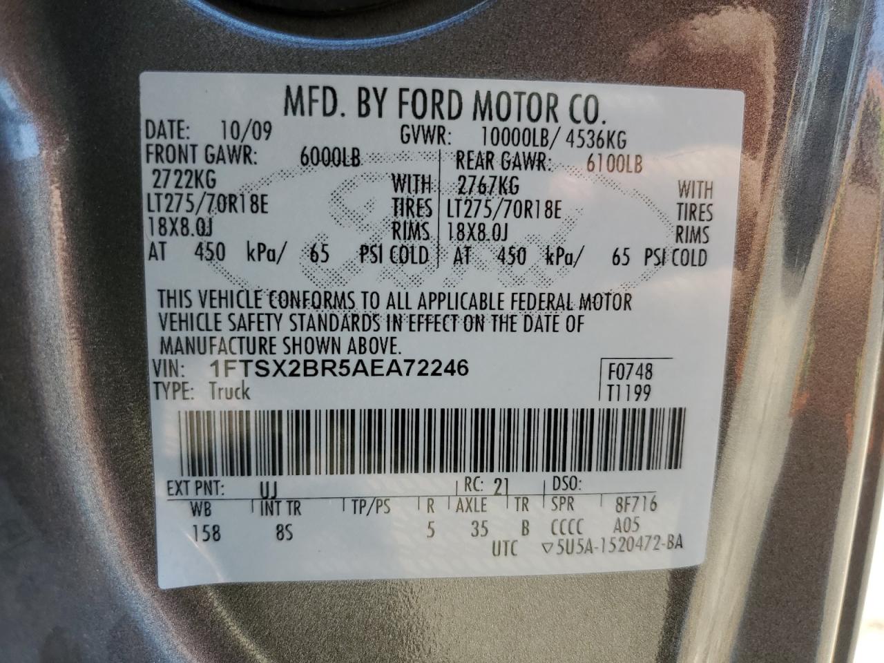2010 Ford F250 Super Duty VIN: 1FTSX2BR5AEA72246 Lot: 63031345