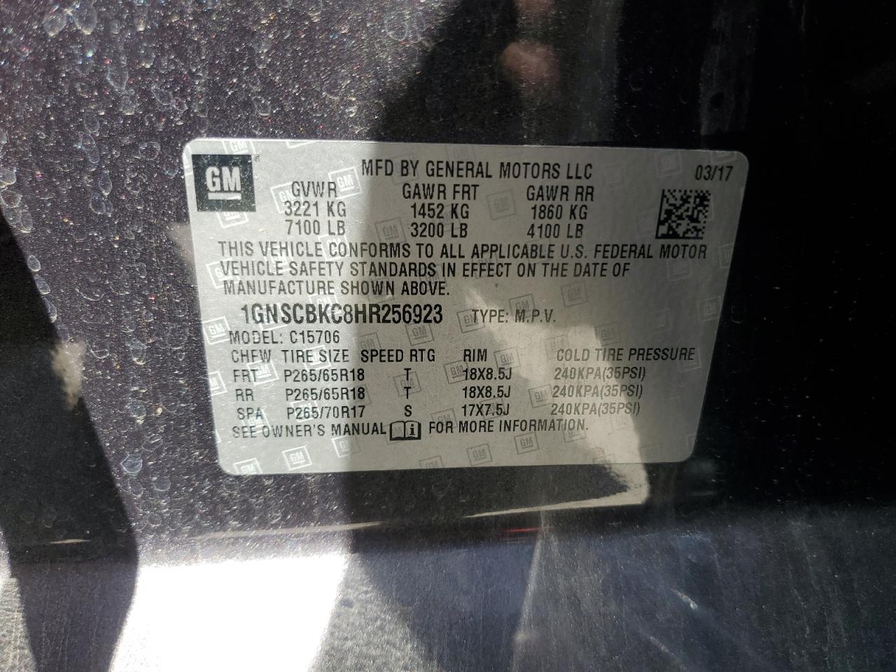 2017 Chevrolet Tahoe C1500 Lt VIN: 1GNSCBKC8HR256923 Lot: 66674095
