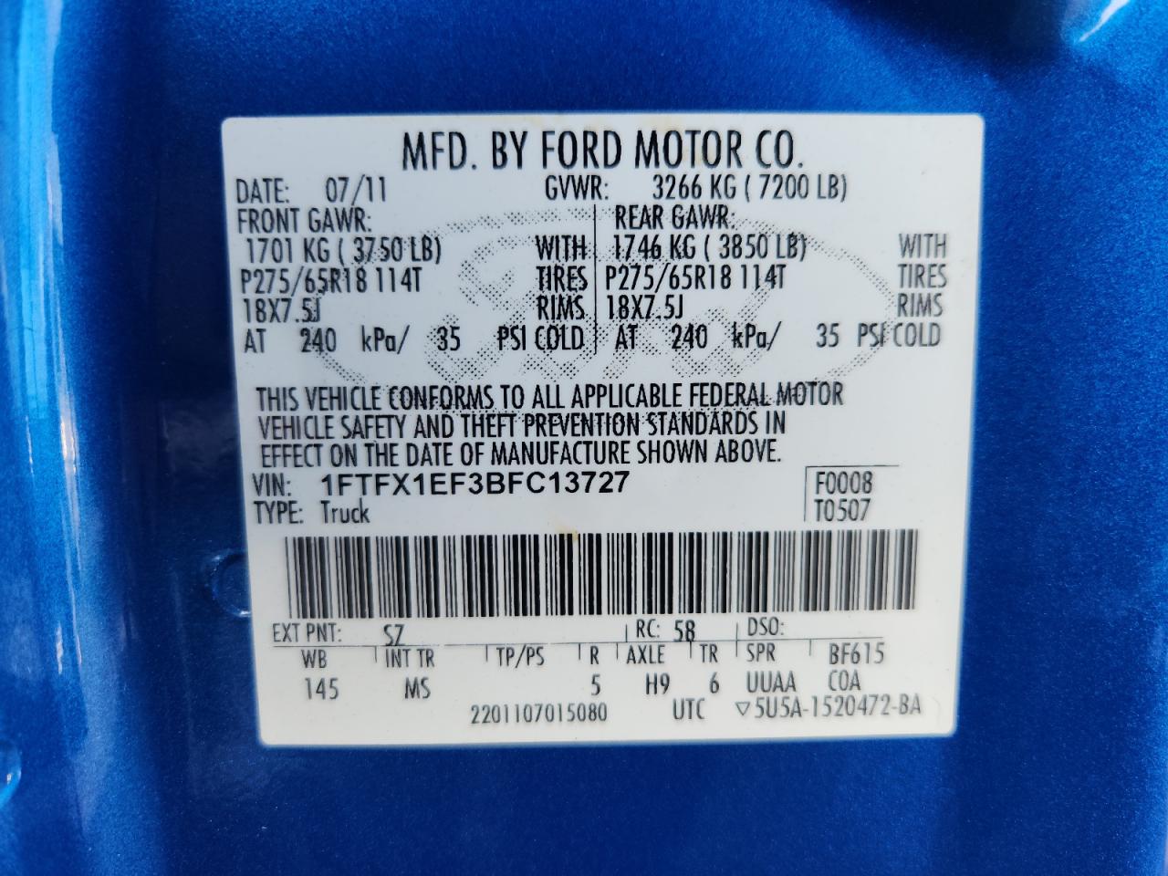 2011 Ford F150 Super Cab VIN: 1FTFX1EF3BFC13727 Lot: 64049885