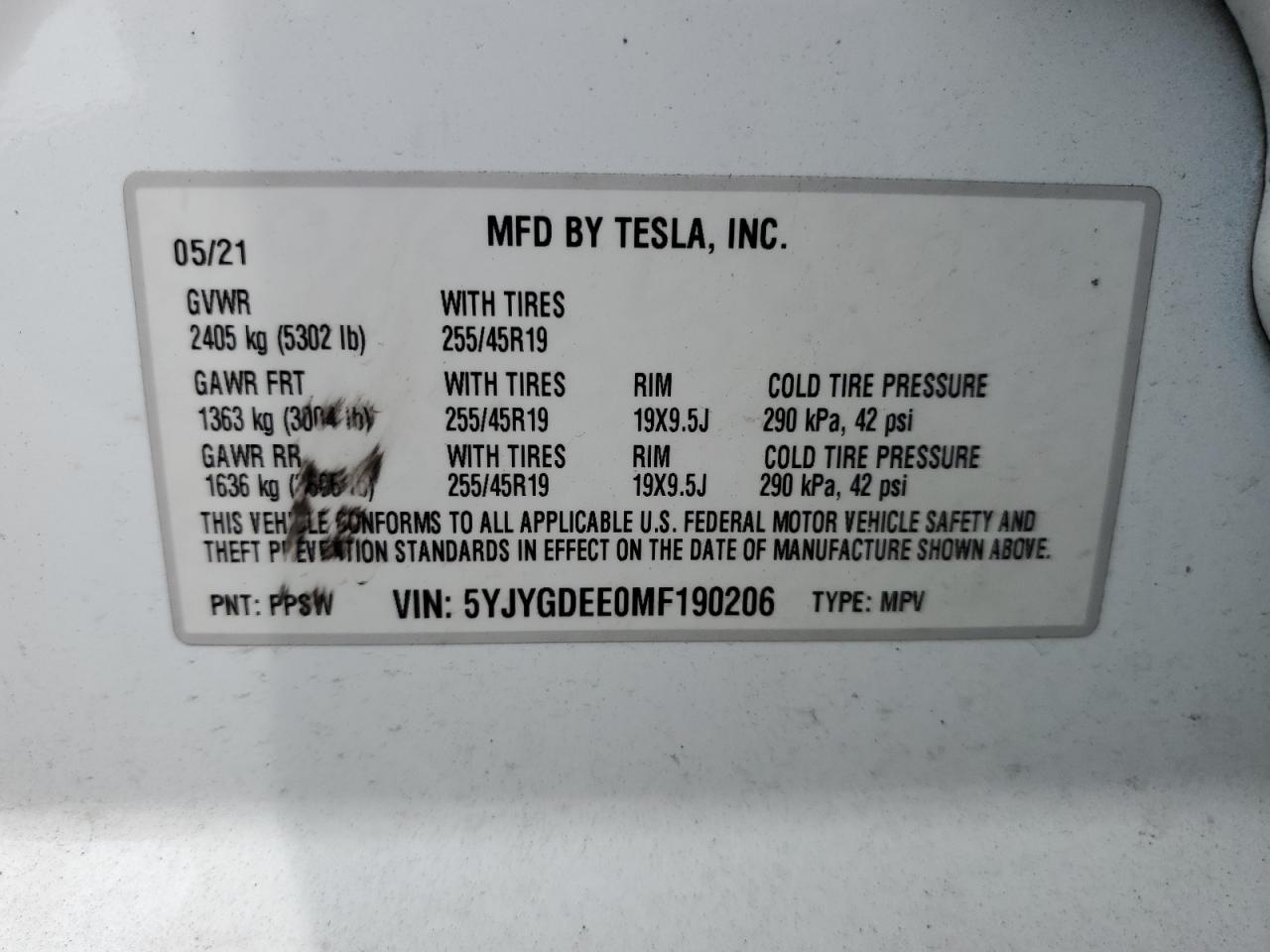 2021 Tesla Model Y VIN: 5YJYGDEE0MF190206 Lot: 64583545