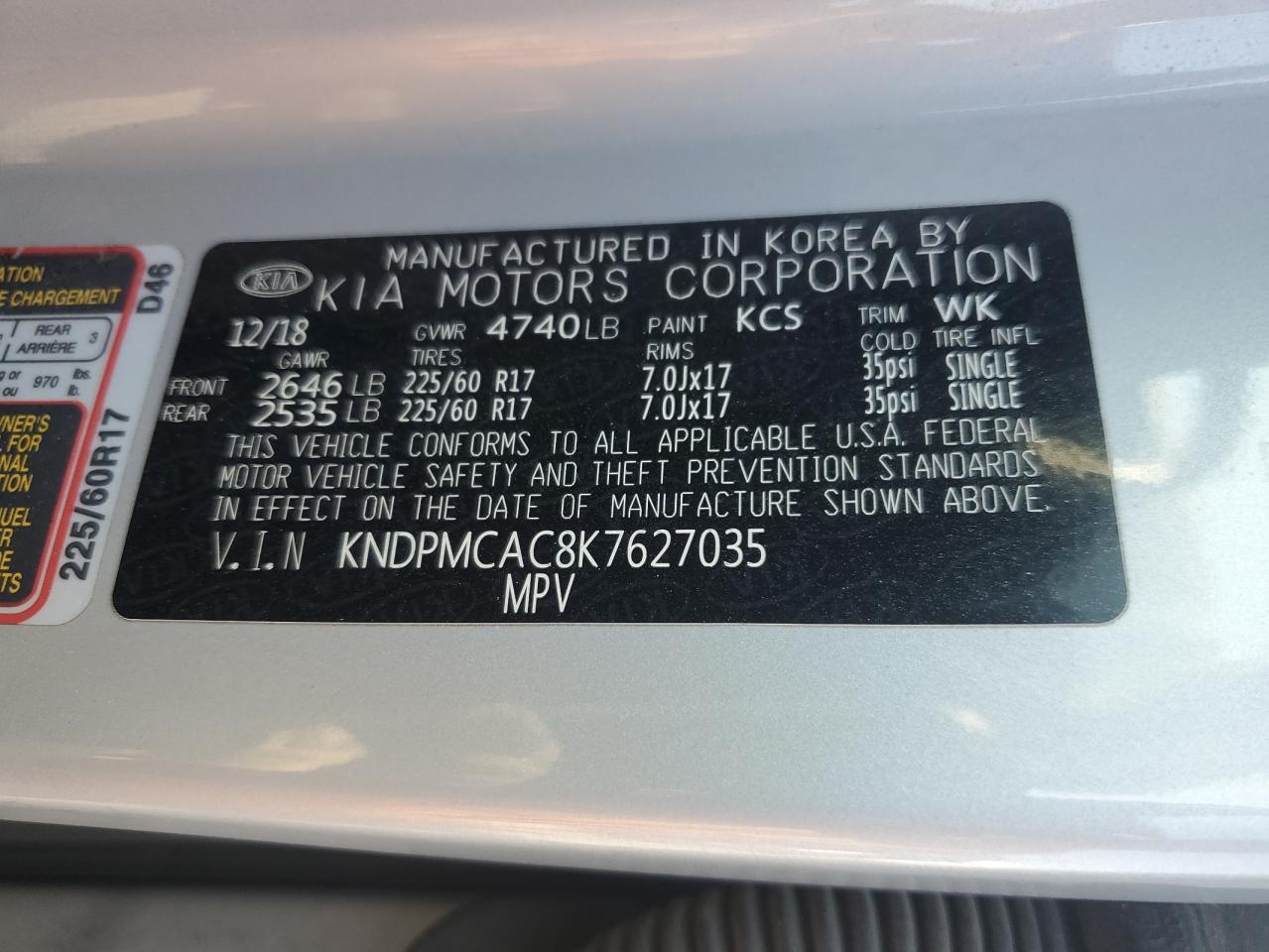 2019 Kia Sportage Lx VIN: KNDPMCAC8K7627035 Lot: 64510015