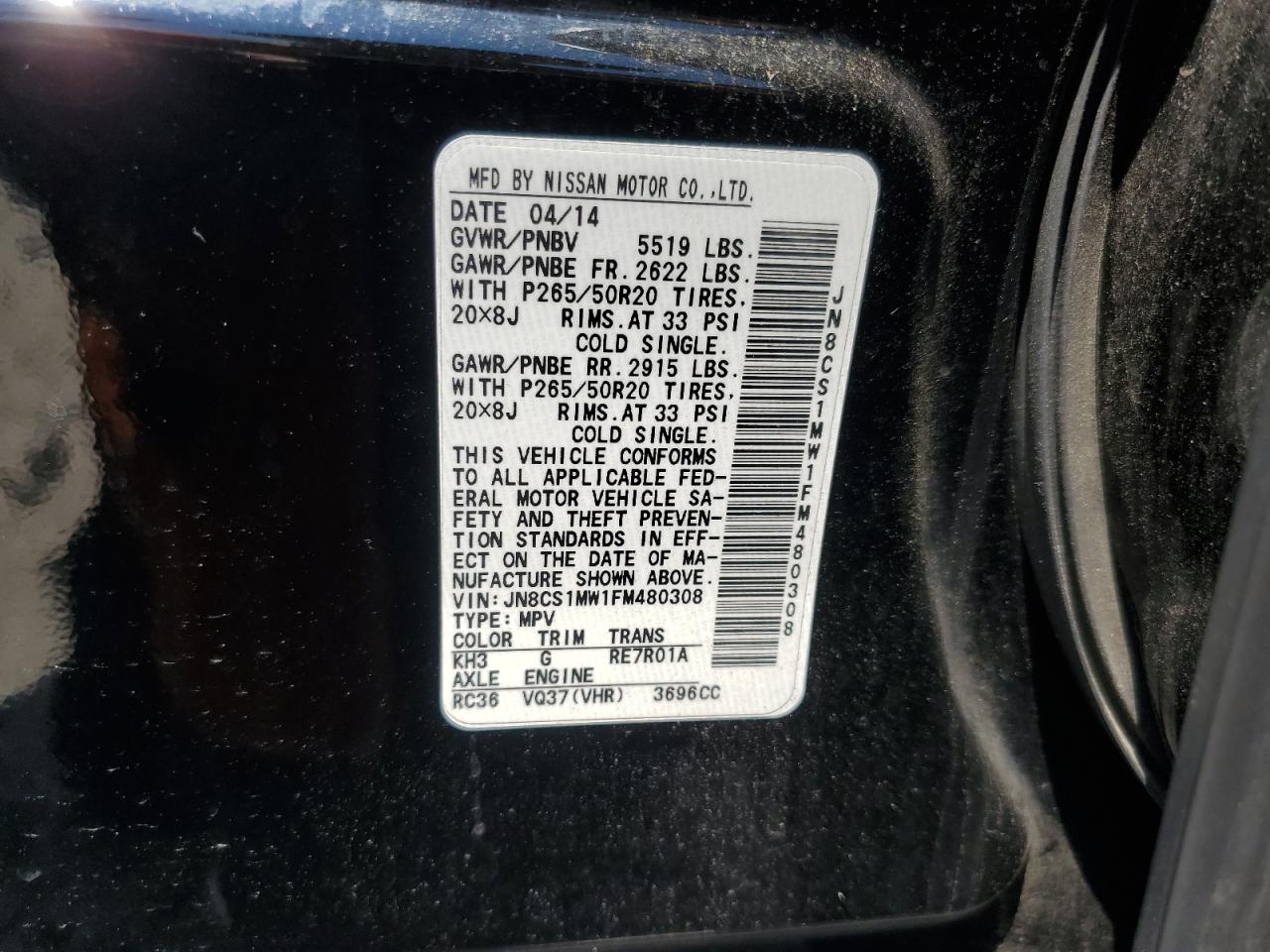 2015 Infiniti Qx70 VIN: JN8CS1MW1FM480308 Lot: 64435255