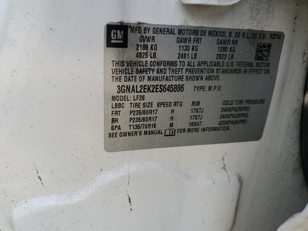 2014 Chevrolet Captiva Ls VIN: 3GNAL2EK2ES645886 Lot: 65572815