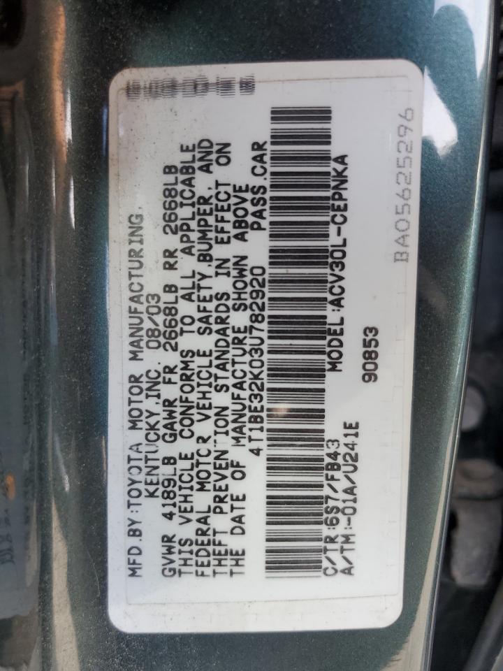 2003 Toyota Camry Le VIN: 4T1BE32K03U782920 Lot: 65339305