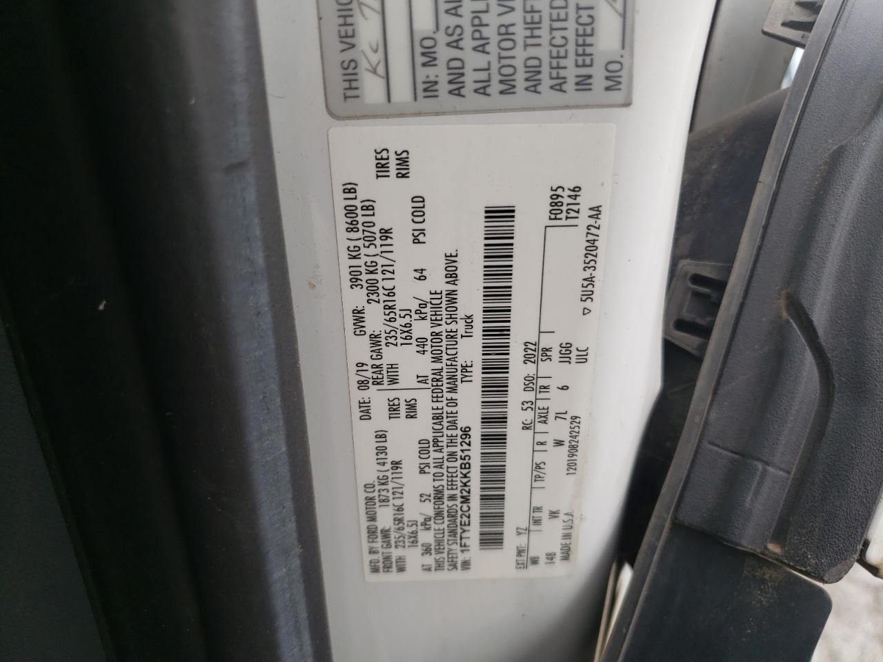 2019 Ford Transit T-150 VIN: 1FTYE2CM2KKB51296 Lot: 65197765