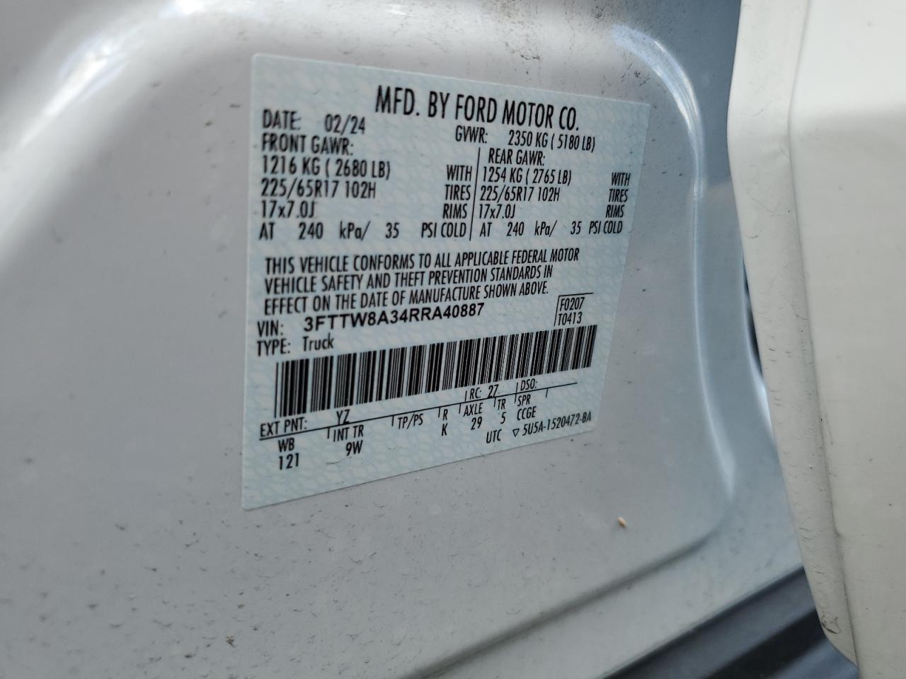 2024 Ford Maverick Xl VIN: 3FTTW8A34RRA40887 Lot: 63010135