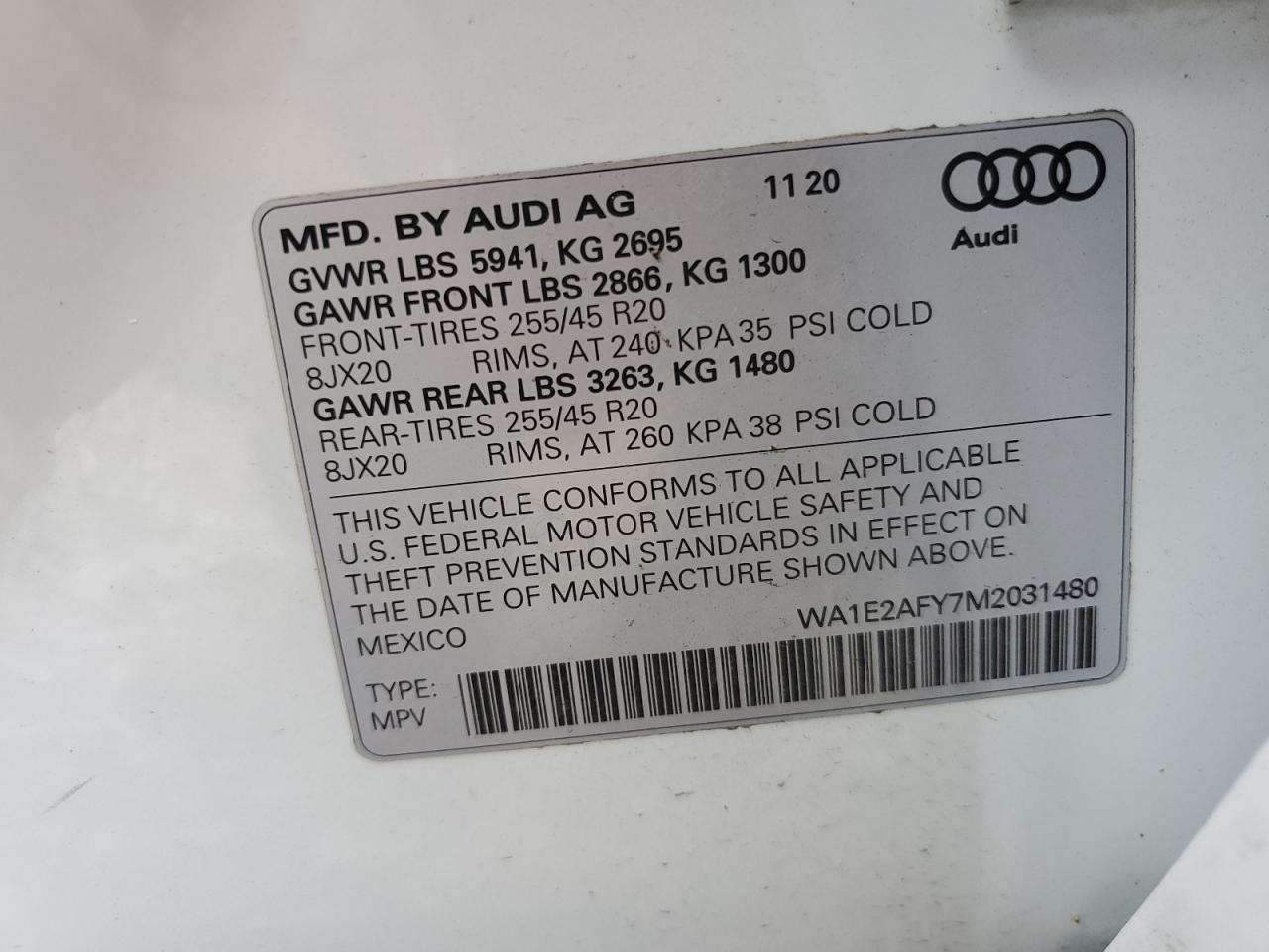 2021 Audi Q5 E Premium Plus VIN: WA1E2AFY7M2031480 Lot: 64247555