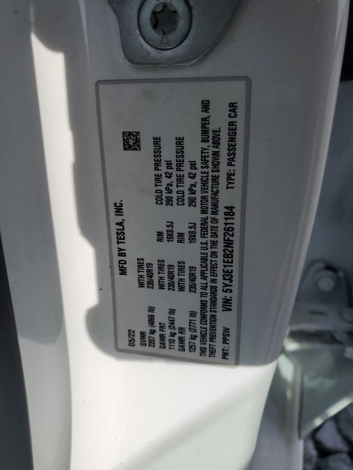 2022 Tesla Model 3 VIN: 5YJ3E1EB2NF261184 Lot: 64165025