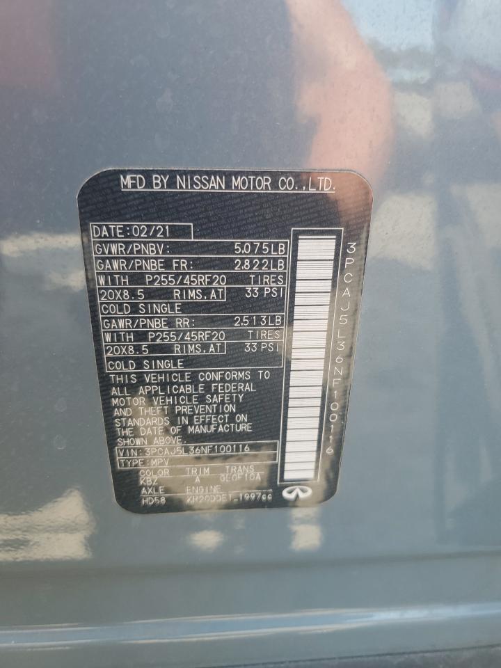 2022 Infiniti Qx55 Sensory VIN: 3PCAJ5L36NF100116 Lot: 64235355