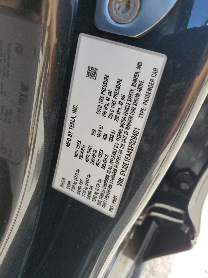2025 Tesla Model 3 VIN: 5YJ3E1EA4SF029401 Lot: 66373925