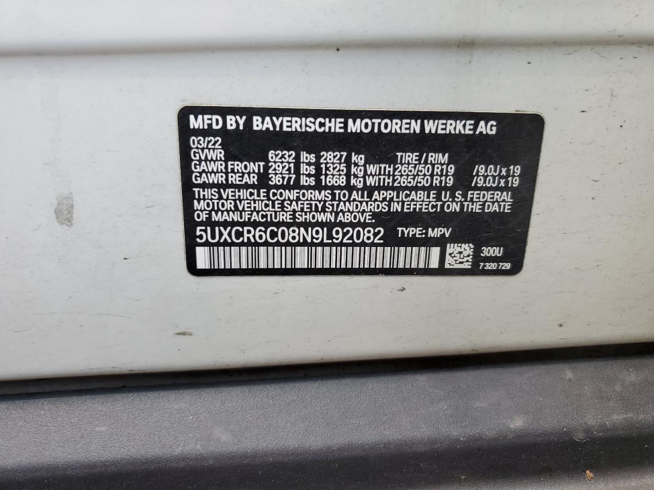 2022 BMW X5 xDrive40I VIN: 5UXCR6C08N9L92082 Lot: 63867535