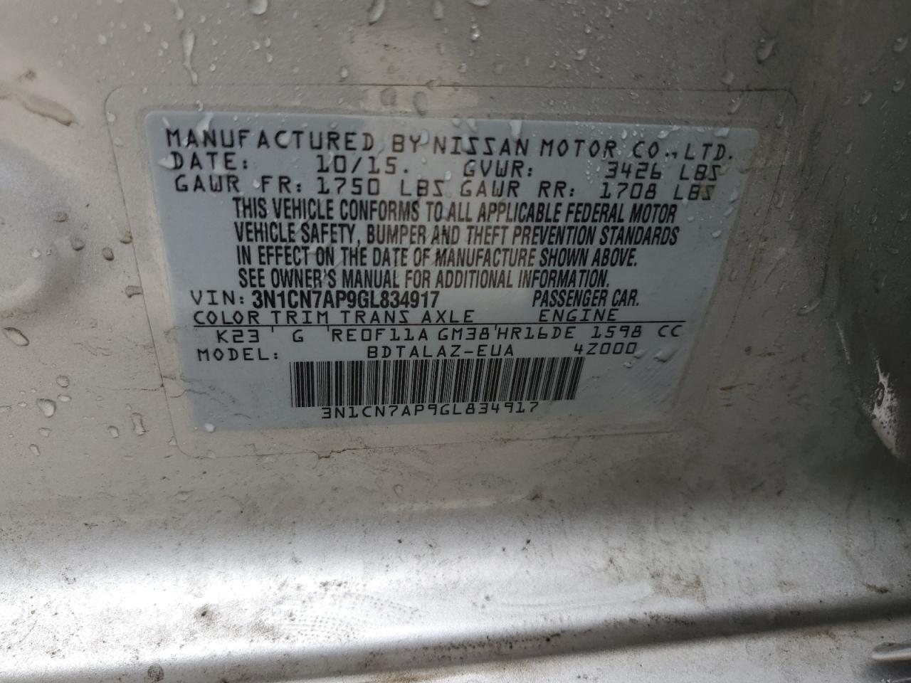 2016 Nissan Versa S VIN: 3N1CN7AP9GL83491 Lot: 62564405